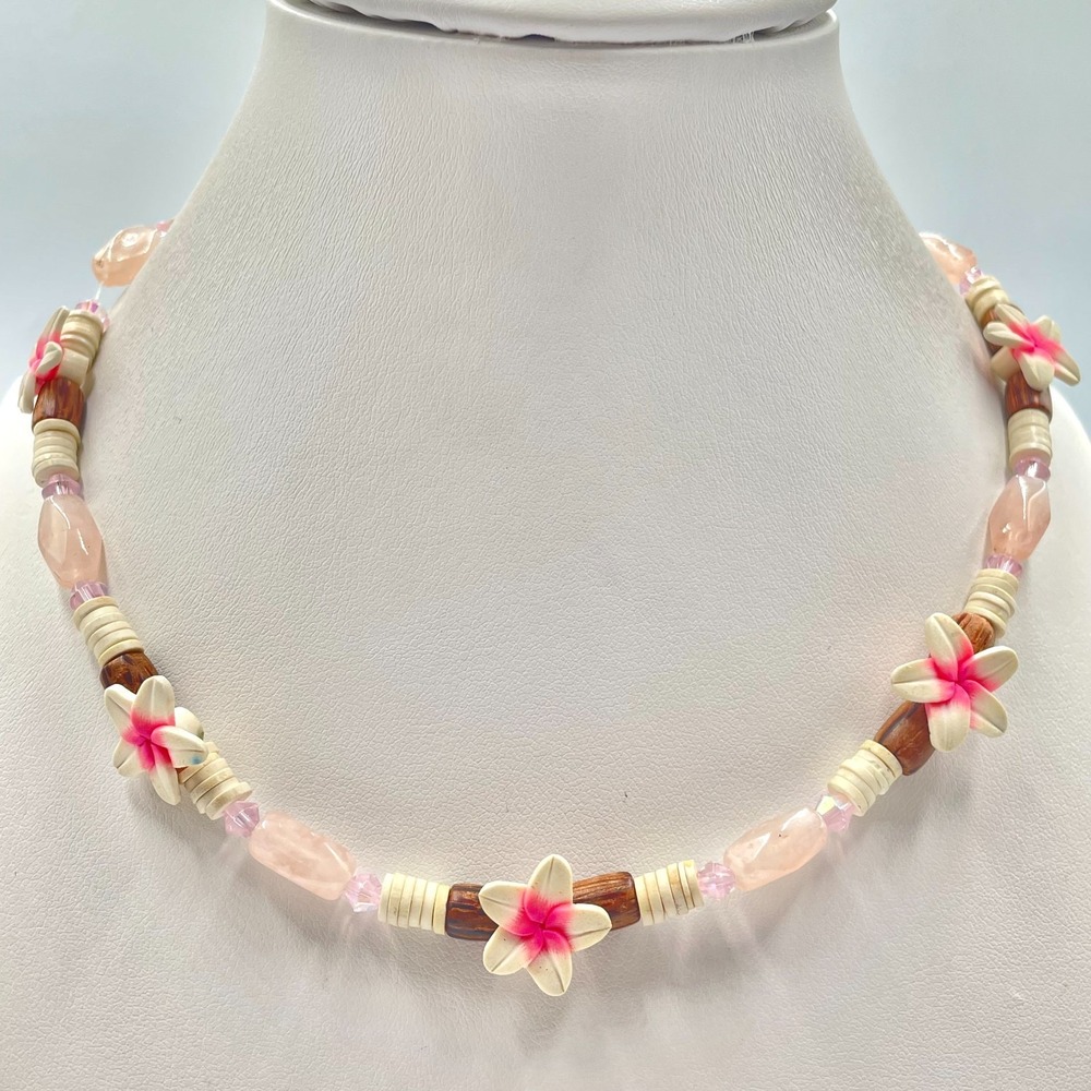 VTG Beaded Plumeria Tropical Choker Necklace Rose Quartz Wood Hibiscus Pink